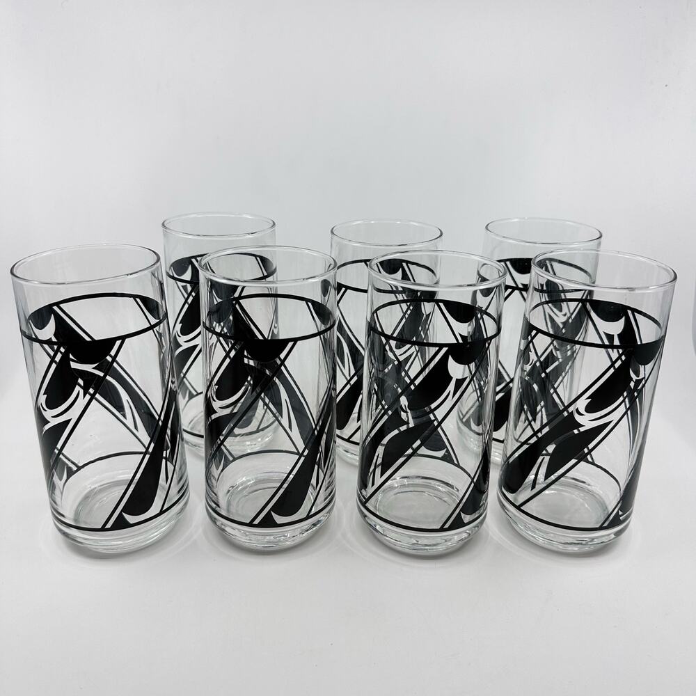 MCM Atomic Highball Glasses Set Of 7 Black Abstract Tumblers 70's Retro Barware